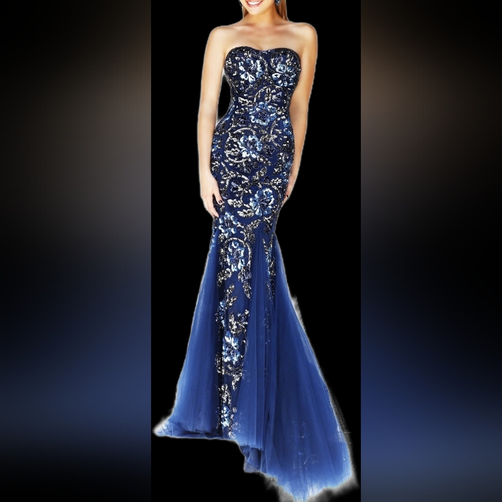 Sherri Hill Navy Blue Strapless Sequin Mermaid Gown